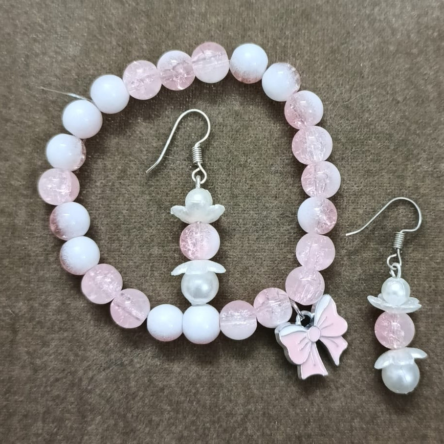 Charming Pink & White Beaded Bow Bracelet and earrings