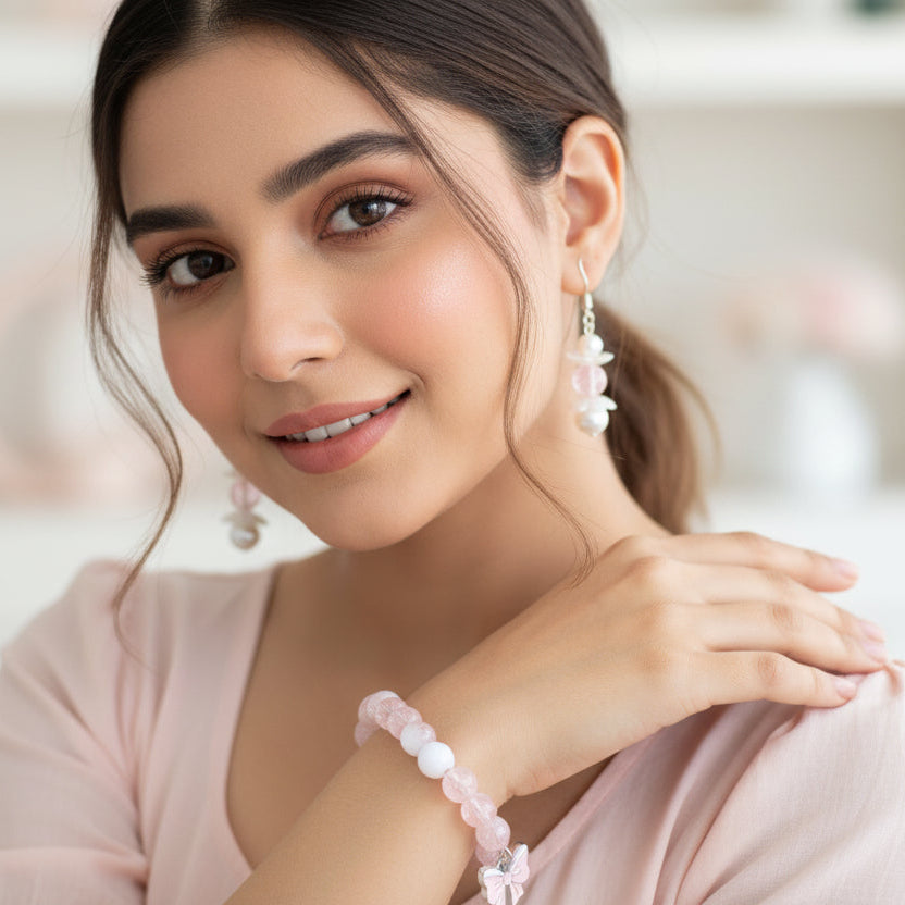 Charming Pink & White Beaded Bow Bracelet and earrings