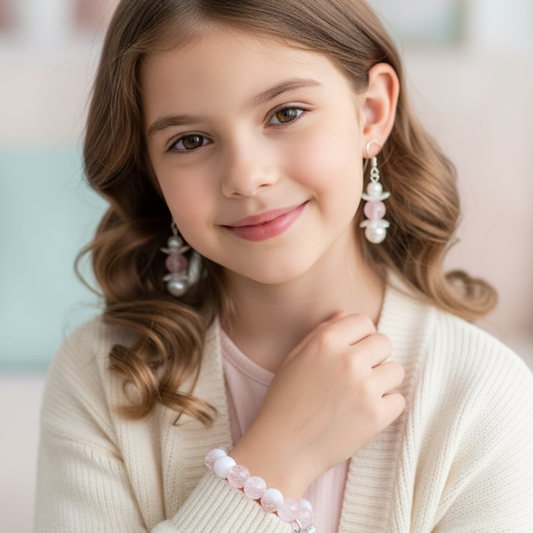 Charming Pink & White Beaded Bow Bracelet and earrings