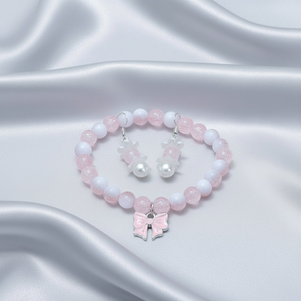 Charming Pink & White Beaded Bow Bracelet and earrings