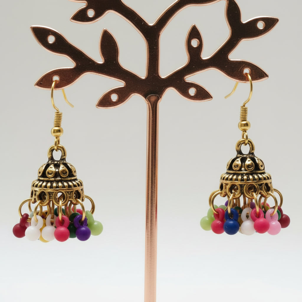 Traditional Gold-Plated Mini Dome Jhumka Earrings with Cluster Beads